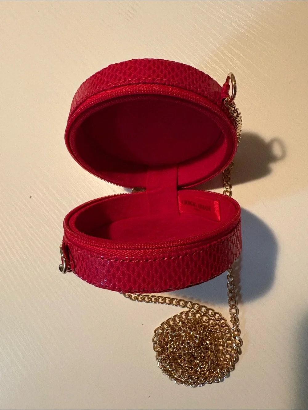Giorgio Armani Red Round Cosmetic Case with Crossbody Chain NWOT
